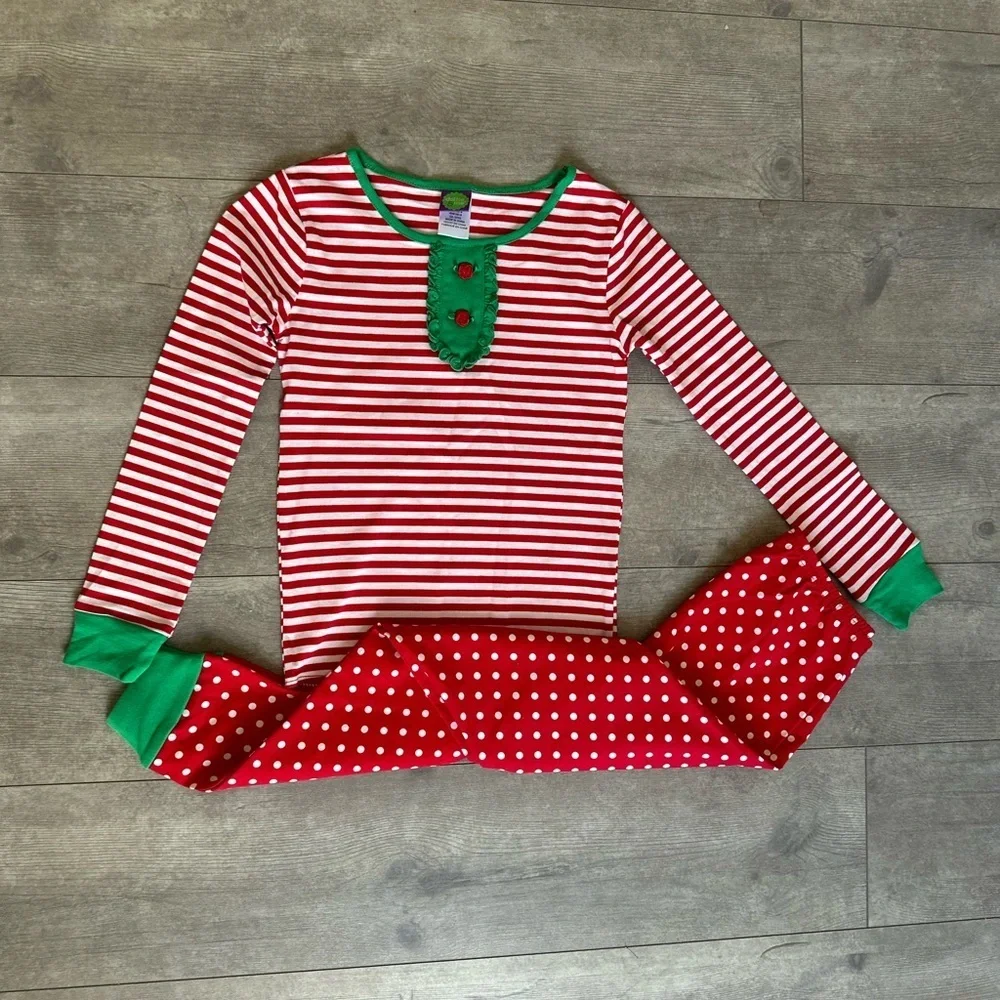 New Dollie & Me Girls Ultra Soft Polka Dot Stripes Red White Green Pajama Set